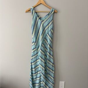 J. Jill Linen Natural Boho Sleeveless Striped V-Neck Maxi Dress Light Blue Green